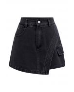 Edgy Curved Seam Flap Denim Skorts in Smoke