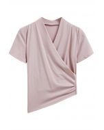 Faux-Wrap Short Sleeve Asymmetric Top in Dusty Pink