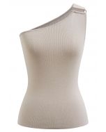 U-Shaped Metal Decor One-Shoulder Knit Top in Taupe