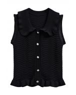 Ruffle Edge Wavy Pointelle Knit Top in Black