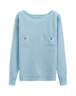 Buttons Decorated Pocket Waffle Knit Sweater in Baby Blue