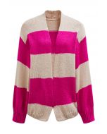 Striped Color Block Open Front Knit Cardigan in Hot Pink