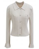 Heart-Shape Button Down Collar Knit Top in Ivory