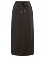 On-Duty Faux Leather Drawstring Shift Skirt in Chocolate