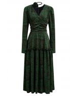 Fantastic Rose V-Neck Ruched Midi Dress with Choker in Dark Green