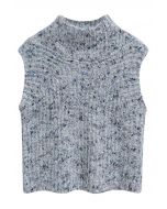 Fuzzy Mix-Knit Mock Neck Sleeveless Top in Grey