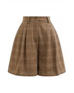 Throwback Plaid Wool-Blend Shorts in Camel