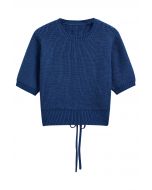 Tie-String Back Ribbed Knit Sweater in Navy