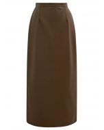 Smooth Silhouette Faux Leather Split Maxi Skirt in Brown