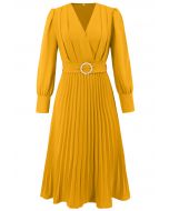 Graceful Pleats Faux-Wrap Belted Midi Dress in Yellow