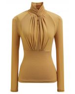 Knotted Mock Neck Cutout Mesh Top in Mustard