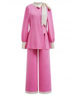 Contrast Edge Bowknot Knit Sweater and Pants Set in Candy Pink