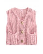 Bold Golden Buttons Patch Pocket Chunky Knit Vest in Pink