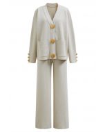 Golden Button Patch Pocket Knit Cardigan and Pants Set in Ivory