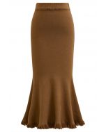 Easy Fringed Mermaid Knit Maxi Skirt in Caramel