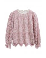 Embroidery Overlay Scalloped Long-Sleeve Top in Dusty Pink