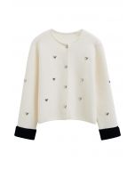 3D Heart Embellished Stud Button Contrast Cardigan in Ivory