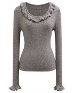 Ruffled Charm Long-Sleeve Ribbed Knit Top in Grey