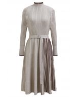 Inventive Contrast Striped Belted Ribbed Knit Dress in Oatmeal