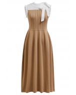 Bowknot Shoulder Ruffle Sleeveless Knit Midi Dress in Camel