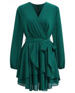 Lovable Tiered Ruffled V-Neck Wrapped Tie-Waist Mini Dress in Green