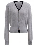 Button Trim Contrast Knit Cardigan in Grey