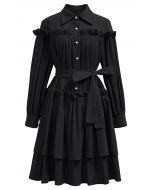 Ruffles Tiered Buttoned Belted Dolly Dress in Black