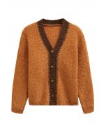 Contrast Trim Buttoned Fuzzy Knit Cardigan in Orange