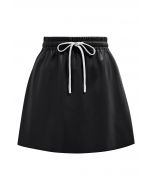 Faux Leather Drawstring Waist Mini Skirt in Black