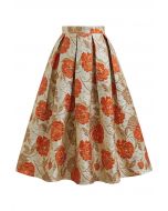 Ornate Floral Jacquard Pleated Flare Midi Skirt in Orange