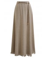 Chain Belt Fringe Hem Knit Maxi Skirt in Sand