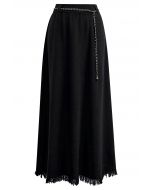 Chain Belt Fringe Hem Knit Maxi Skirt in Black