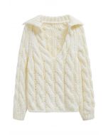 Collared V-Neck Chunky Cable-Knit Sweater in Ivory