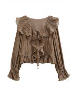 Dancing Ruffle Plisse Buttoned Cropped Top in Tan