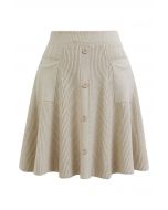 Patch Pockets Button Trim Knit Mini Skirt in Sand