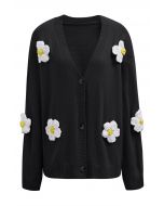 Lovely 3D Flower Buttoned Knit Cardigan in Black