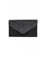 Rhinestone Embellished Satin Envelope Bag in Black