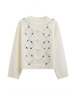 Floral Diamond Pom-Pom Ribbed Knit Sweater in Cream