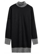 Contrast Stripe Mock Neck Knit Sweater Dress in Black