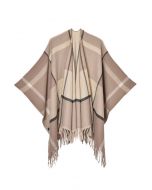 Geometric Grid Fringed Hem Poncho in Tan