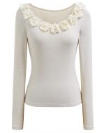 3D Flowers Neckline Long Sleeve Fitted Top in Oatmeal