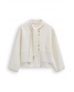 Detachable Tie-Neck Golden Button Knit Coat in Cream