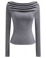 Ribbed Texture Off-Shoulder Ruched Cotton Top in Grey