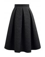 Graceful Silhouette Rose Embossed Pleats Midi Skirt in Black