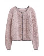 Contrast Edges Braided Knit Buttoned Cardigan in Pink