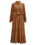 Delicate Eyelet Embroidery Tie-Waist Buttoned Midi Dress in Tan