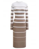 Color Block Stripe Bodycon Knit Midi Dress in Tan