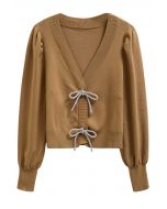 Sparkling Bowknot Buttoned Lantern Sleeve Knit Cardigan in Camel