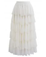 Ethereal Tiered Pearl Tulle Maxi Skirt in White