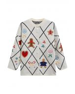 Cheer Christmas Gingerbread Buttoned Knit Cardigan in White